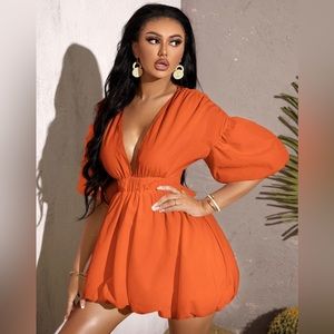 Deep Neck Puff Sleeve Dress